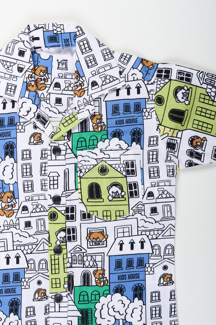 The Nesavu Boys Casual Set Boys cityscape printed cotton co-ord set in green and blue tones Nesavu Nesavu boys cityscape print cotton co-ord set in green fun casual outfit for toddlers