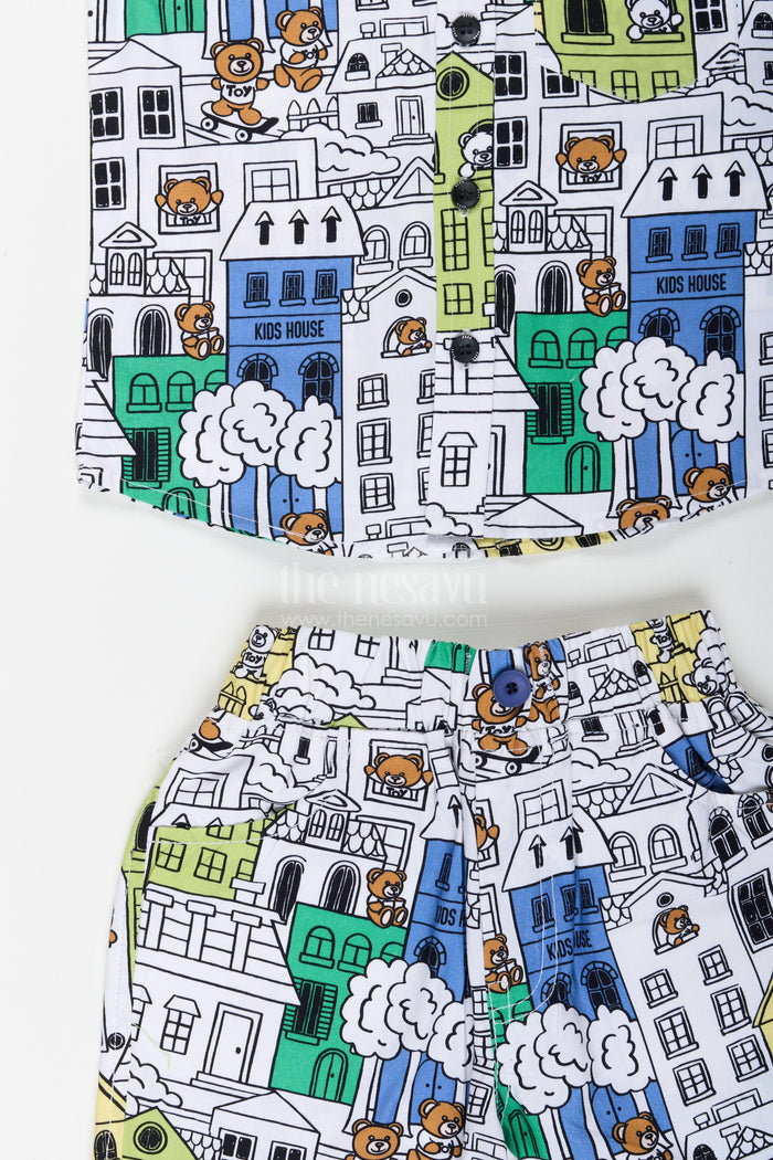 The Nesavu Boys Casual Set Boys cityscape printed cotton co-ord set in green and blue tones Nesavu Nesavu boys cityscape print cotton co-ord set in green fun casual outfit for toddlers