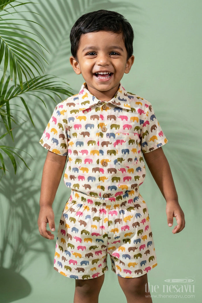 The Nesavu Boys Casual Set Boys Cool Casual Outfits in Cotton with Multicolor Elephant Digital Print Shirt and Shorts Set Nesavu 16 (1Y) / Multicolor BCS260B-16 Nesavu Boys Cool Casual Outfits Cotton Set Multicolor Elephant Print Shirt Shorts