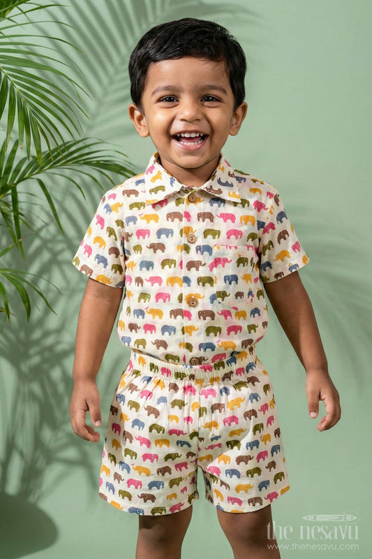 The Nesavu Boys Casual Set Boys Cool Casual Outfits in Cotton with Multicolor Elephant Digital Print Shirt and Shorts Set Nesavu 16 (1Y) / Multicolor BCS260B-16 Nesavu Boys Cool Casual Outfits Cotton Set Multicolor Elephant Print Shirt Shorts