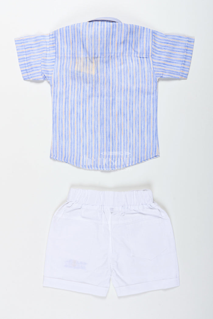 The Nesavu Boys Casual Set Boys Cotton Casual Set with Striped Shirt and White Shorts Nesavu Nesavu Boys Cotton Striped Shirt White Shorts Set Casual Outings Summer Wear