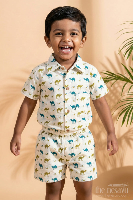 The Nesavu Boys Casual Set Boys Cotton Casual Shirt Set with Animal Digital Print and Matching Shorts in Cream Base Nesavu 16 (1Y) / Multicolor BCS259A-16 Boys Cotton Casual Shirt Set Animal Print Matching Shorts Cream Color | The Nesavu