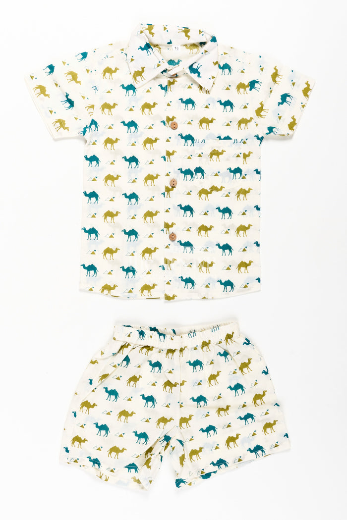 The Nesavu Boys Casual Set Boys Cotton Casual Shirt Set with Animal Digital Print and Matching Shorts in Cream Base Nesavu Boys Cotton Casual Shirt Set Animal Print Matching Shorts Cream Color | The Nesavu