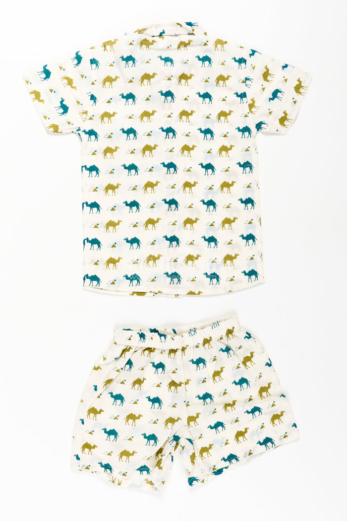 The Nesavu Boys Casual Set Boys Cotton Casual Shirt Set with Animal Digital Print and Matching Shorts in Cream Base Nesavu Boys Cotton Casual Shirt Set Animal Print Matching Shorts Cream Color | The Nesavu