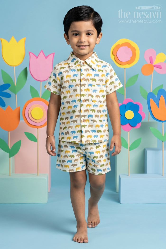 The Nesavu Boys Casual Set Boys Cotton Casual Wear Shirts Set with Elephant Digital Print and Matching Summer Shorts Nesavu 16 (1Y) / Multicolor BCS260A-16 Boys Cotton Casual Wear Shirts Elephant Print Matching Summer Shorts Set | The Nesavu