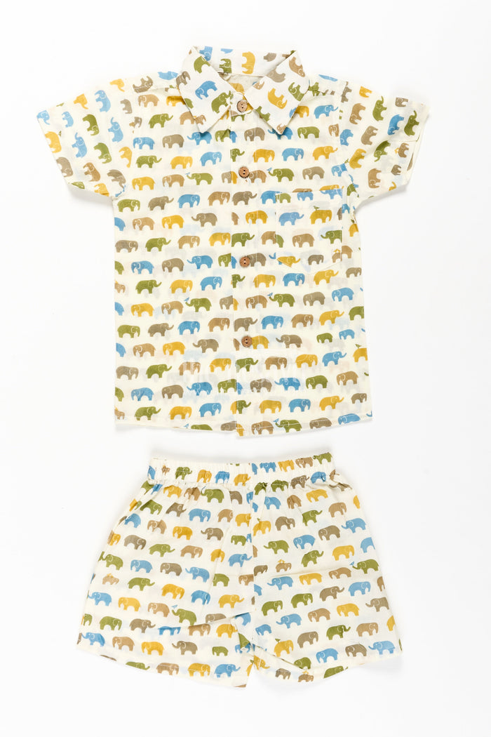 The Nesavu Boys Casual Set Boys Cotton Casual Wear Shirts Set with Elephant Digital Print and Matching Summer Shorts Nesavu Boys Cotton Casual Wear Shirts Elephant Print Matching Summer Shorts Set | The Nesavu