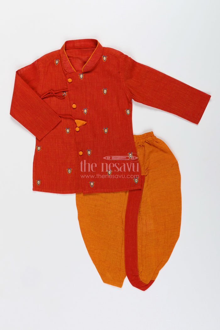 The Nesavu Boys Dothi Set Boys cotton dhoti kurta set with embroidery for festivals and ethnic day Nesavu Nesavu boys cotton embroidered dhoti kurta set Diwali ethnic day festive school events