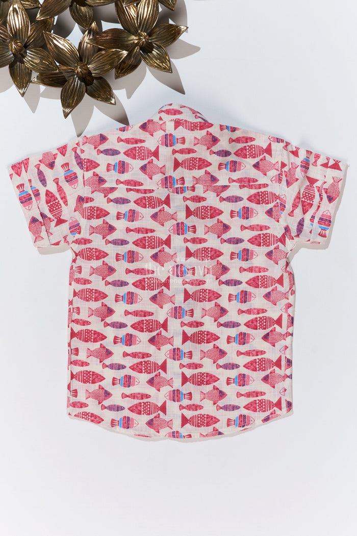 The Nesavu Boys Cotton Shirt Boys Cotton Half Sleeve Shirt with Fish Print in Vibrant Shades for Casual Comfort Nesavu Nesavu Boys Cotton Half Sleeve Shirt Vibrant Fish Print Playful Style