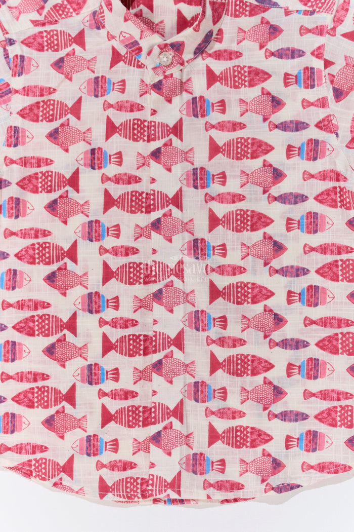 The Nesavu Boys Cotton Shirt Boys Cotton Half Sleeve Shirt with Fish Print in Vibrant Shades for Casual Comfort Nesavu Boys Cotton Half Sleeve Shirt Vibrant Fish Print Playful Style | The Nesavu