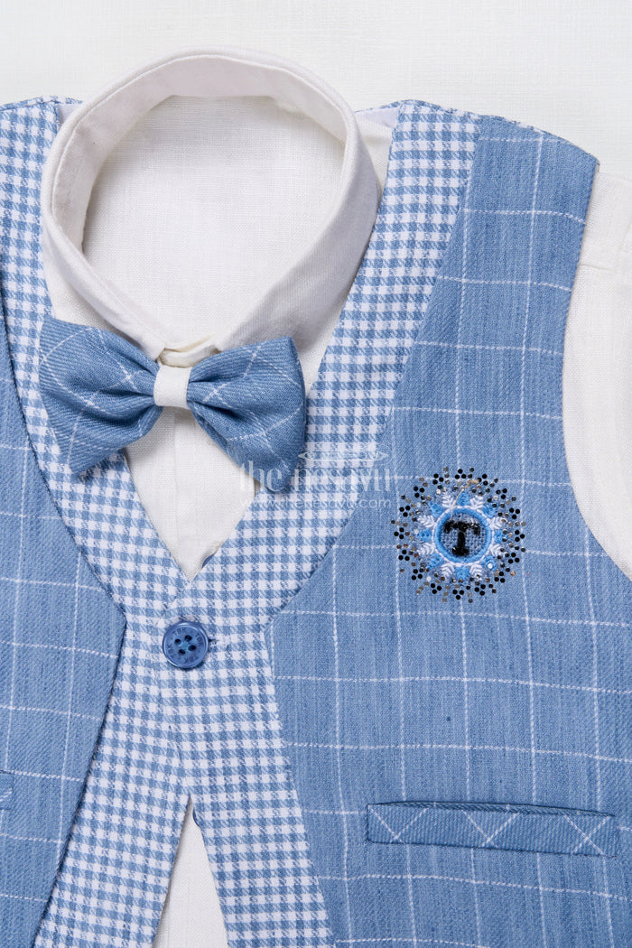 The Nesavu Boys Casual Set Boys Cotton Jacket Set for Weddings and Family Events Nesavu Nesavu boys cotton jacket set blue checkered design festive wedding wear