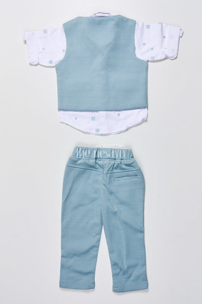 The Nesavu Boys Casual Set Boys Cotton Party Outfit with Printed Shirt and Matching Jacket Set Nesavu Nesavu boys cotton party wear set printed shirt checked jacket bow tie festive events