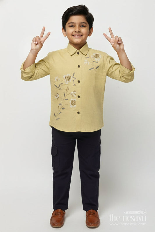 The Nesavu Boys Casual Set Boys Cotton Kurta Set for Ethnic Day and Festive Celebrations Nesavu 20 (3Y) / Yellow BCS496C-20 Nesavu boys ethnic cotton kurta set thread embroidery festive school wear