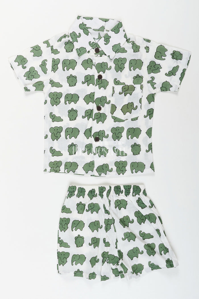 The Nesavu Boys cotton set with elephant print for everyday adventures Nesavu 16 (1Y) / Green BCS407B-16 Nesavu toddler boys elephant print co-ord set  cotton casual outfit daily comfort play