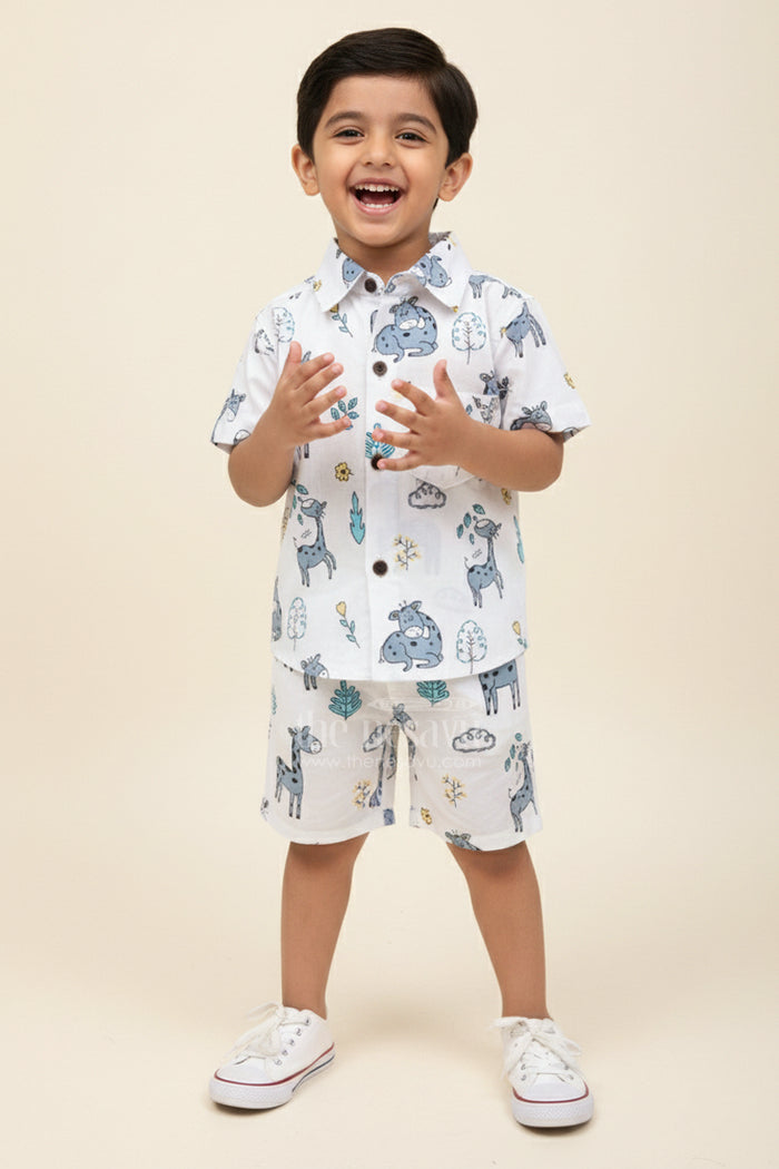 The Nesavu Boys Casual Set Boys Cotton Set with Giraffe and Jungle Animal Print Nesavu 16 (1Y) / Blue BCS409B-16 Nesavu boys cotton co-ord set giraffe jungle animal print  breathable summer outfit