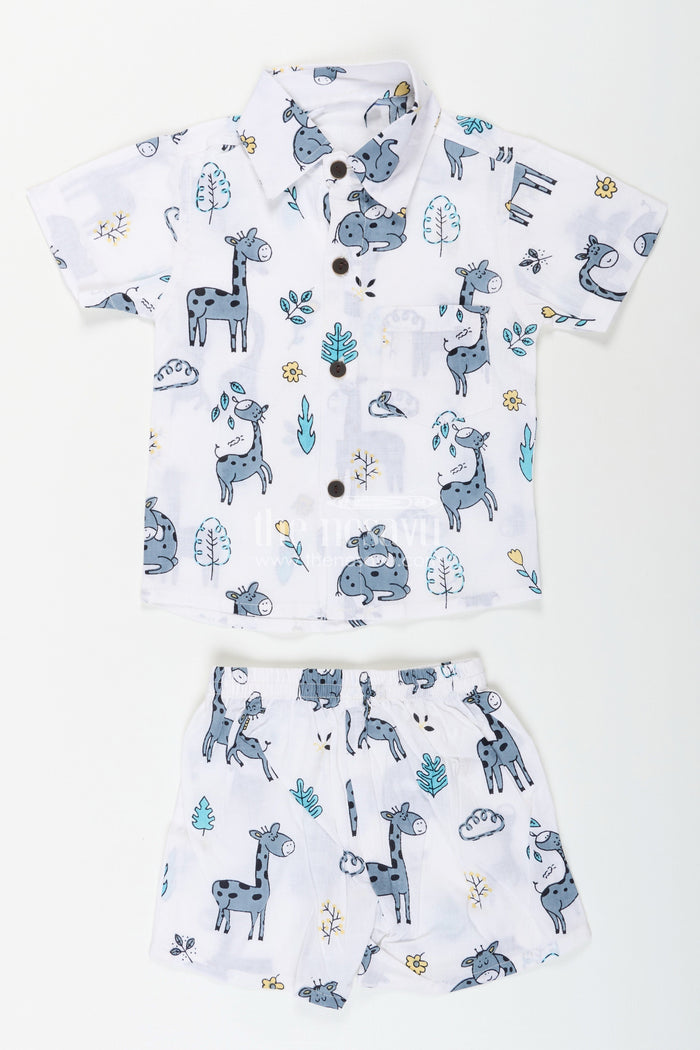 The Nesavu Boys cotton set with giraffe and jungle animal print Nesavu 16 (1Y) / Blue BCS409B-16 Nesavu boys cotton co-ord set giraffe jungle animal print  breathable summer outfit