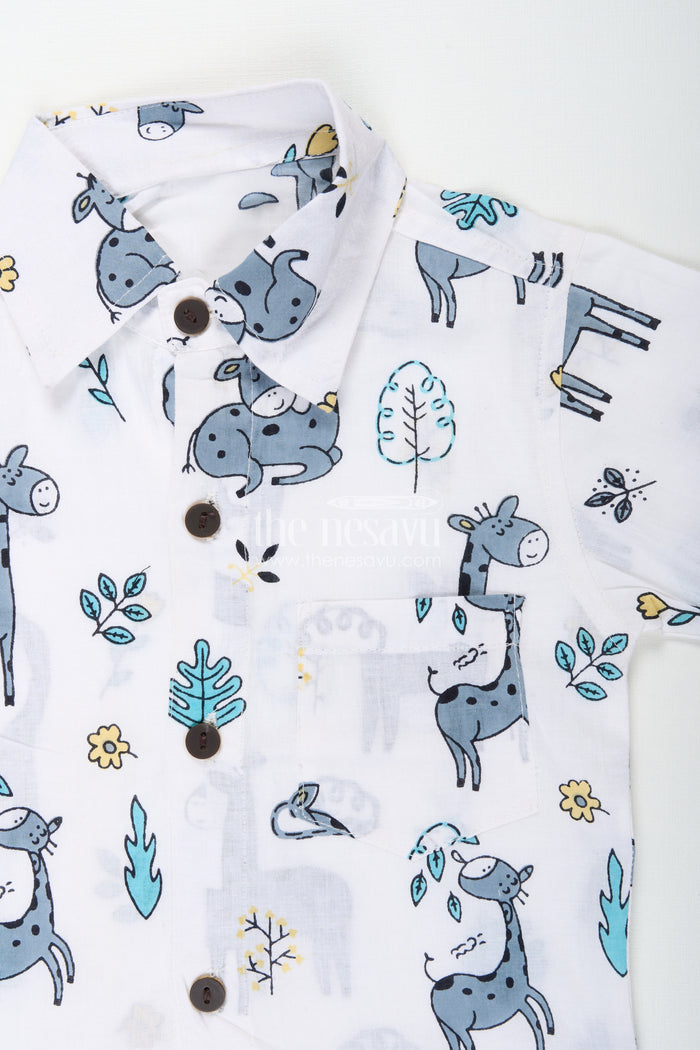 The Nesavu Boys cotton set with giraffe and jungle animal print Nesavu Nesavu boys cotton co-ord set giraffe jungle animal print  breathable summer outfit