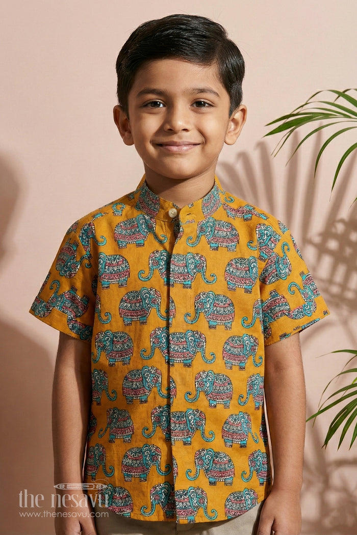 The Nesavu Boys Cotton Shirt Boys Cotton Shirt Mustard Elephant Print Boys Dress for Pongal Nesavu 16 (1Y) / Orange BS184A-16 Nesavu Boys Mustard Cotton Shirt Elephant Print Boys Dress Diwali