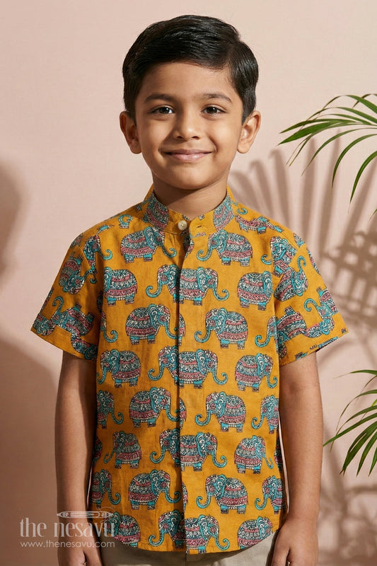 The Nesavu Boys Cotton Shirt Boys Cotton Shirt Mustard Elephant Print Boys Dress for Pongal Nesavu 16 (1Y) / Orange BS184A-16 Nesavu Boys Mustard Cotton Shirt Elephant Print Boys Dress Diwali