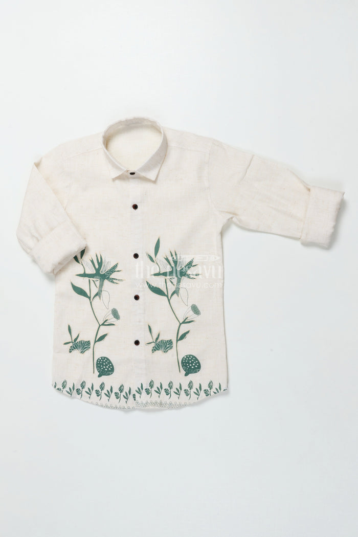 The Nesavu Boys Cotton Shirt Boys Cotton Shirt with Green Floral Placement Embroidery Casual Ethnic Wear Nesavu Boys floral embroidered cotton shirt ethnic casual shirt breathable cotton blend