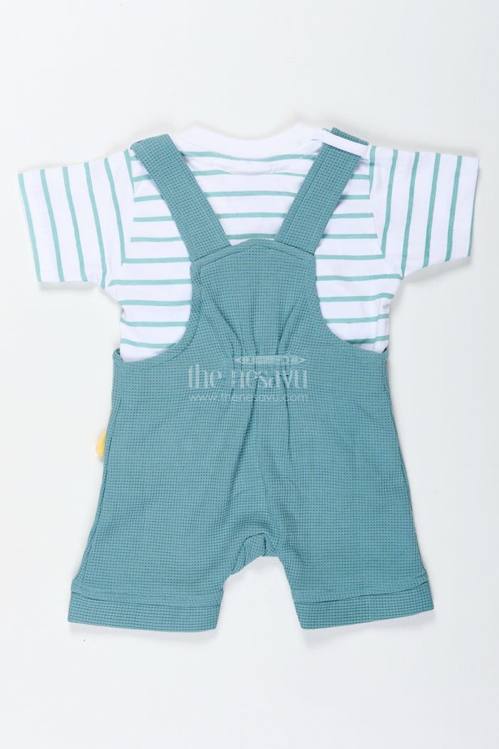 The Nesavu Boys Casual Set Boys Cotton Waffle Knit Casual Summer Dresses Cotton Set with Bear Design and Striped T Shirt Nesavu Nesavu Boys Cotton Waffle Knit Summer Set Bear Dungaree Design Striped Tee Casual Comfort