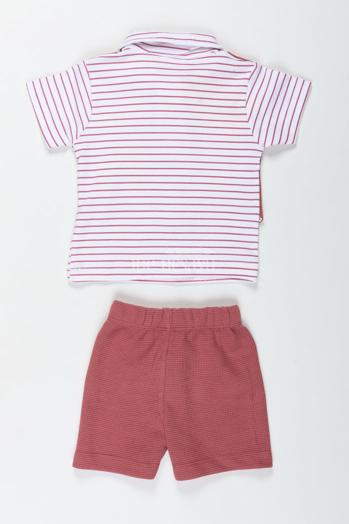 The Nesavu Boys Casual Set Boys Cotton Waffle Knit Peach Dress Casual with Striped Shirt and Buttoned Vest for Stylish Comfort Nesavu Nesavu Boys Peach Dress Casual Set Cotton Waffle Knit Striped Tee Stylish Buttoned Vest