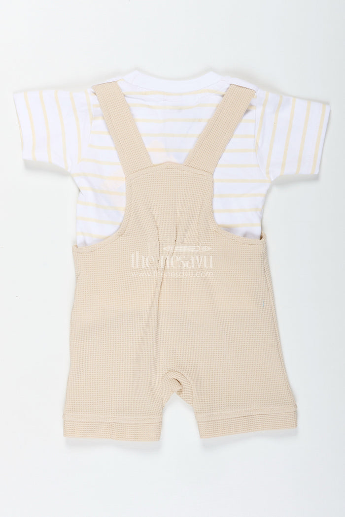 The Nesavu Boys Casual Set Boys Cotton Waffle Knit Summer Dress Casual Set with Teddy Dungaree and Striped Tee for Playful Comfort Nesavu Nesavu Boys Cotton Summer Dress Casual Set Teddy Appliqu Striped Waffle Knit Tee