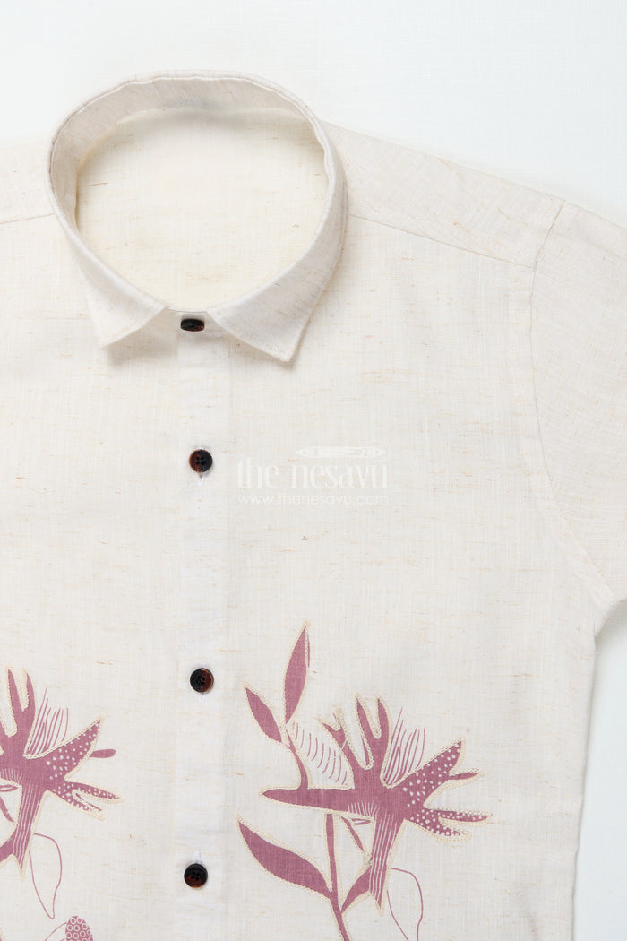 The Nesavu Boys Cotton Shirt Boys Cream and Brown Floral Embroidered Shirt Festive Ethnic Cotton Blend Nesavu Boys embroidered cream shirt brown floral border cotton blend ethnic occasions