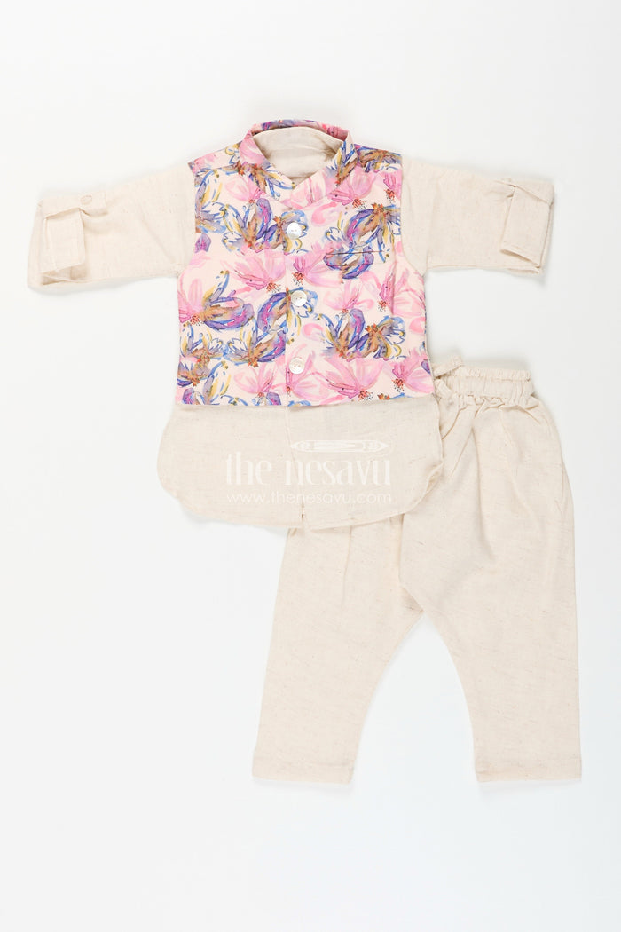 The Nesavu Boys Kurtha Set Boys cream kurta with floral digital print jacket and pants set Nesavu 12 (3M) / Half white BES876A-12 Nesavu boys cream kurta and pant set with pastel floral digital print jacket festive ethnic wear