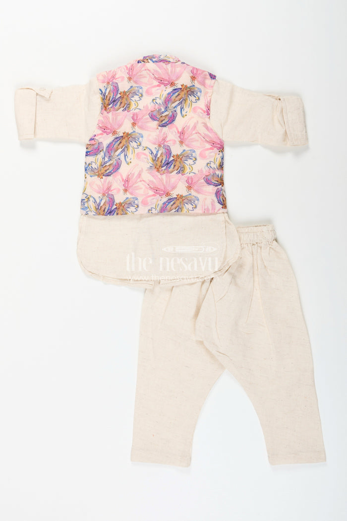 The Nesavu Boys Kurtha Set Boys cream kurta with floral digital print jacket and pants set Nesavu Nesavu boys cream kurta and pant set with pastel floral digital print jacket festive ethnic wear