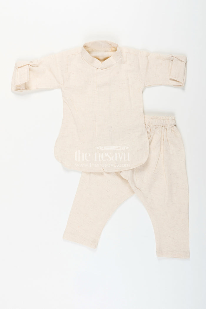 The Nesavu Boys Kurtha Set Boys cream kurta with floral digital print jacket and pants set Nesavu Nesavu boys cream kurta and pant set with pastel floral digital print jacket festive ethnic wear