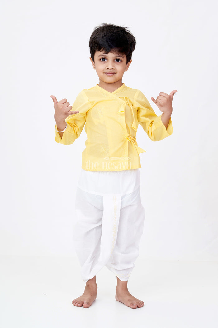 The Nesavu Boys Dothi Set Boys Dhoti Kurtha Set in Yellow Cotton with Embroidered Tie Wrap Style and Contrasting Dhoti Pants Nesavu 12 (3M) / Yellow BES665A-12 Boys Cotton Dhoti Kurtha Set Embroidery Wrap Tie Design Festive Yellow | The Nesavu
