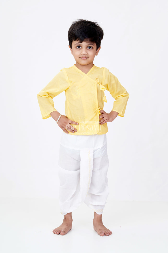 The Nesavu Boys Dothi Set Boys Dhoti Kurtha Set in Yellow Cotton with Embroidered Tie Wrap Style and Contrasting Dhoti Pants Nesavu Boys Cotton Dhoti Kurtha Set Embroidery Wrap Tie Design Festive Yellow | The Nesavu
