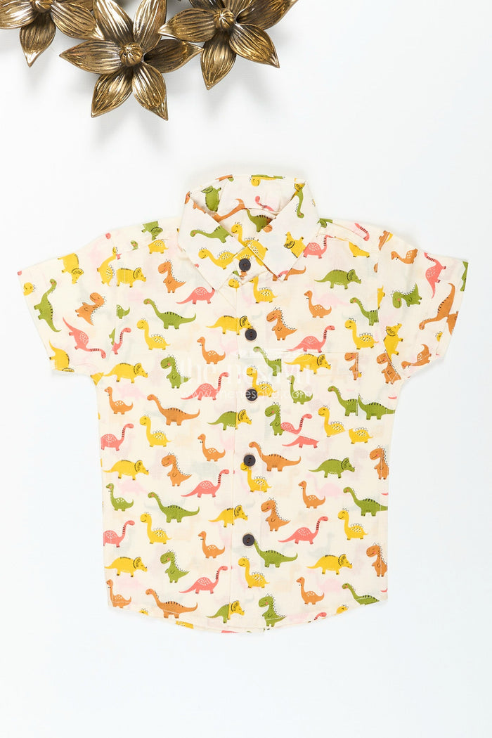 The Nesavu Boys Cotton Shirt Boys dinosaur print shirt in earthy tones for birthday parties Nesavu 20 (3Y) / Multicolor BS318B-20 Nesavu boys cotton shirt earthy dinosaur print  perfect parties outings everyday play