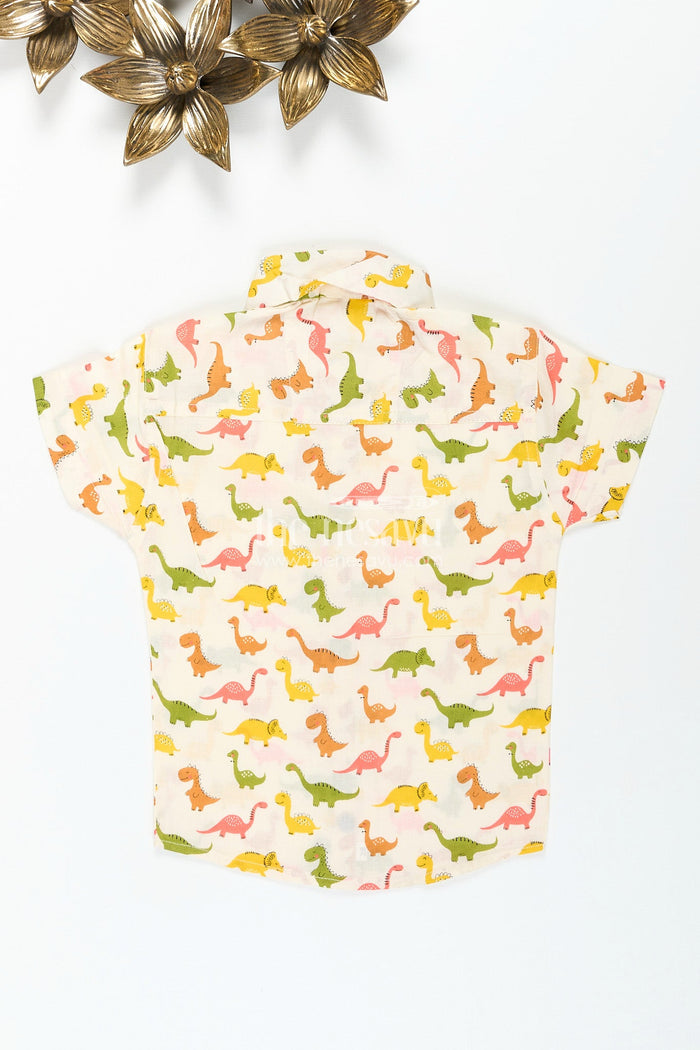 The Nesavu Boys Cotton Shirt Boys dinosaur print shirt in earthy tones for birthday parties Nesavu Nesavu boys cotton shirt earthy dinosaur print  perfect parties outings everyday play