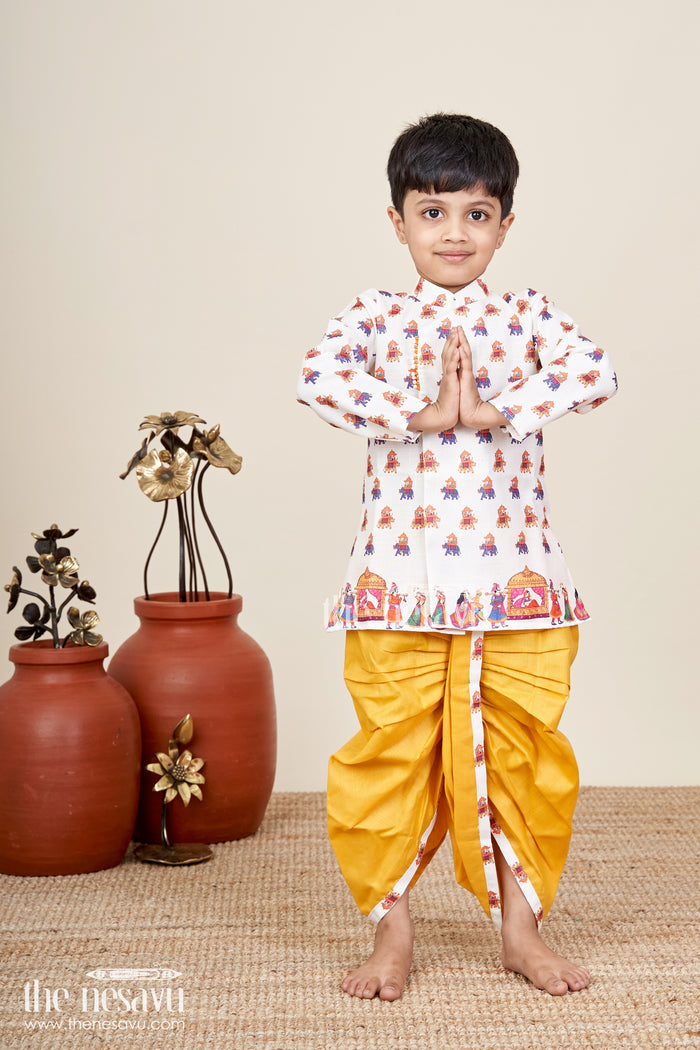 The Nesavu Boys Dothi Set Boys Dothi Kurta Set with Cultural Digital Print Design Nesavu 14 (6M) / Yellow BES868A-14 Nesavu boys printed dothi kurta set  cultural ethnic outfit kids