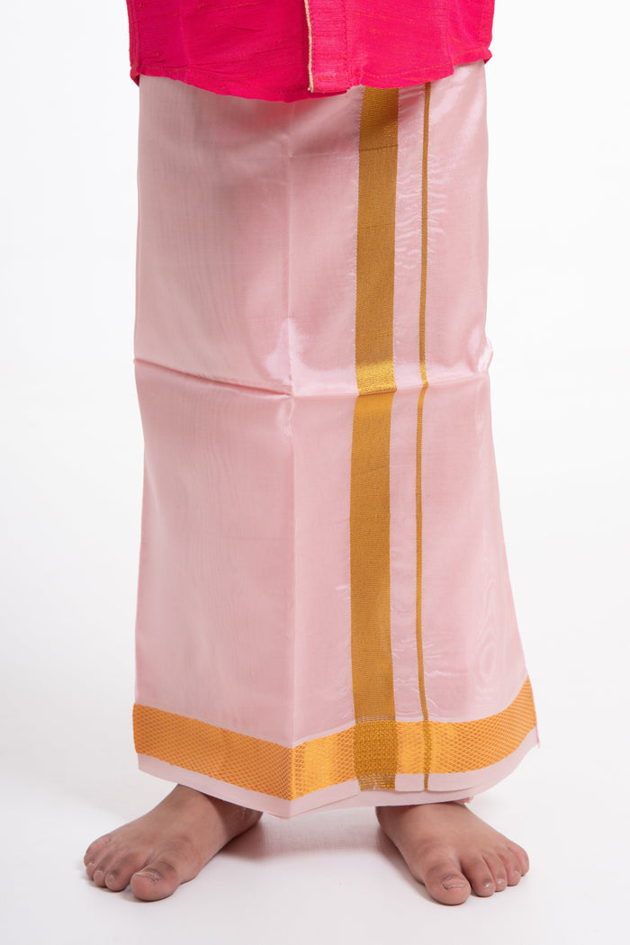 The Nesavu Boys Vesti Boys Elegant Silk Dhoti in Soft Pink with Golden Detailing Nesavu 14 (6M) / Pink / Blend Silk D008F-14 Shop Boys Pink Silk Dhoti with Golden Stripes | The Nesavu