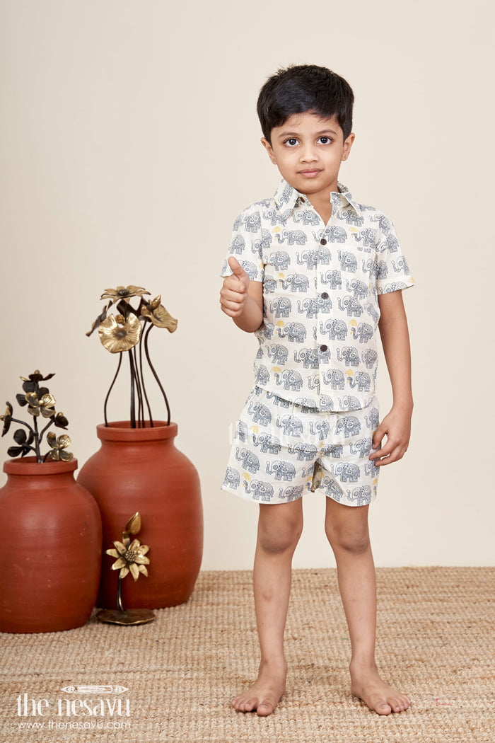 The Nesavu Boys Casual Set Boys elephant print cotton set for everyday casual dressing Nesavu 16 (1Y) / Green BCS404A-16 Nesavu boys cotton set elephant print  ethnic-inspired outfit casual festive outings