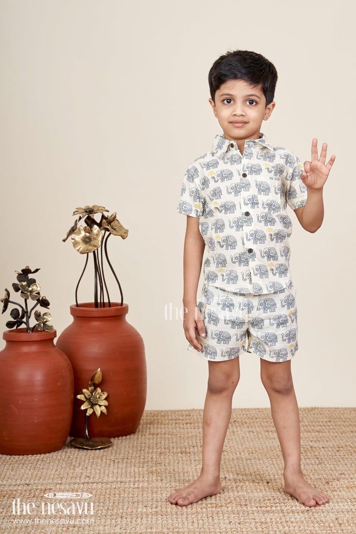 The Nesavu Boys Casual Set Boys elephant print cotton set for everyday casual dressing Nesavu Nesavu boys cotton set elephant print  ethnic-inspired outfit casual festive outings