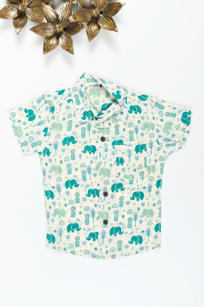 The Nesavu Boys Cotton Shirt Boys elephant print shirt in teal tones for playful ethnic wear Nesavu 20 (3Y) / Green BS321B-20 Nesavu boys cotton shirt green elephant print  perfect ethnic school days festive wear