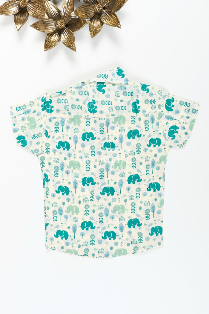 The Nesavu Boys Cotton Shirt Boys elephant print shirt in teal tones for playful ethnic wear Nesavu Nesavu boys cotton shirt green elephant print  perfect ethnic school days festive wear