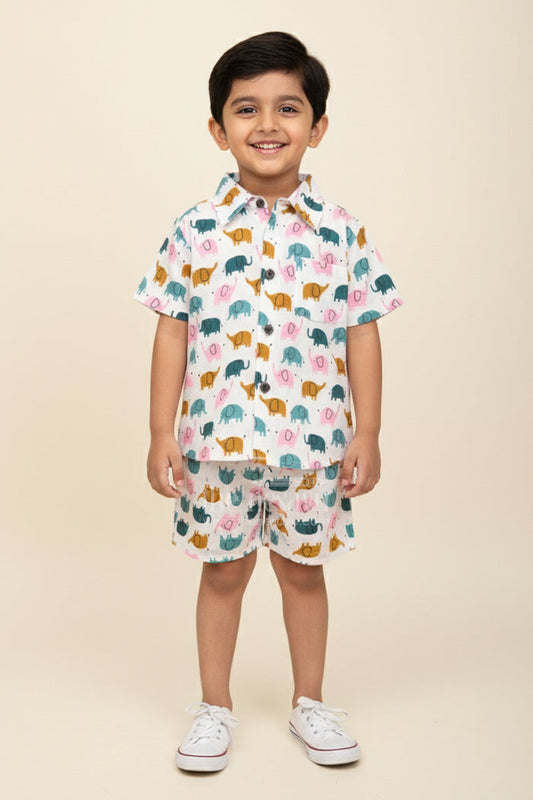 The Nesavu Boys Casual Set Boys Elephant Printed Cotton Set for Everyday Comfort Nesavu 16 (1Y) / Multicolor BCS408A-16 Nesavu boys cotton set multicolor elephant print  everyday co-ord outfit toddlers