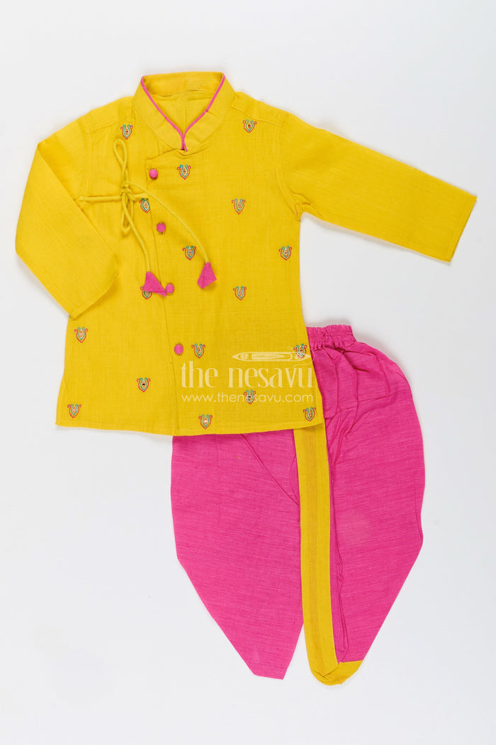 The Nesavu Boys Dothi Set Boys Embroidered Dhoti Set for Festive Functions and Cultural Dressing Nesavu Nesavu boys embroidered cotton dhoti kurta set festive family events ethnic dressing