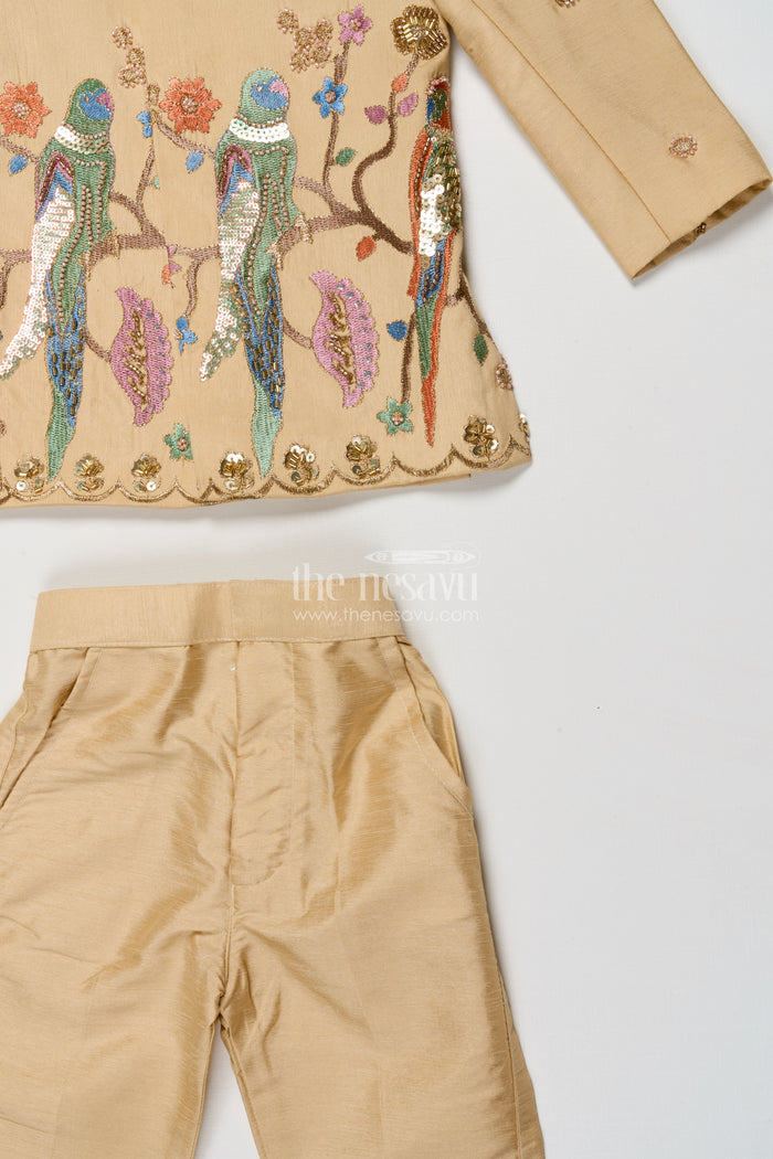 The Nesavu Boys Jacket Sets Boys Embroidered Jacket Set with Parrot Motif for Weddings and Stage Events Nesavu Nesavu boys embroidered jacket set parrot motif weddings festive stage performances