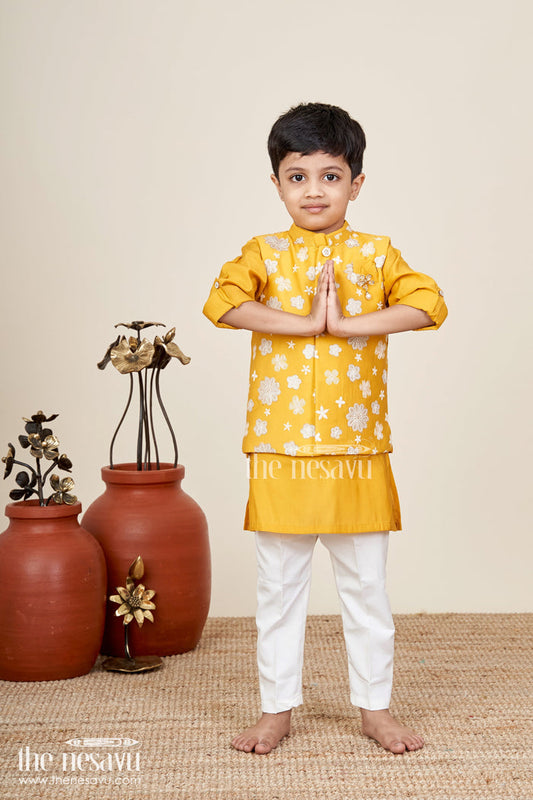 The Nesavu Boys Jacket Sets Boys ethnic jacket and kurta pant set for traditional occasions Nesavu 16 (1Y) / Yellow BES886B-16 Nesavu boys kurta pant set embroidered jacket  ideal weddings festive functions