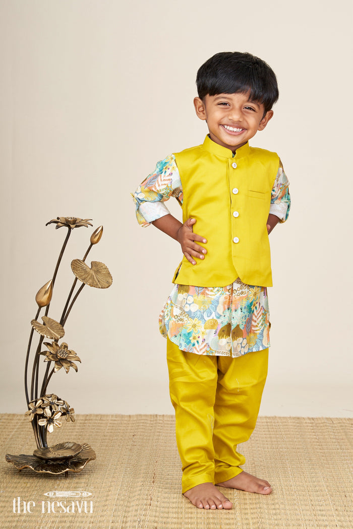 The Nesavu Boys Jacket Sets Boys ethnic jacket set with digital floral print for festive occasions Nesavu 12 (3M) / Green BES865A-12 Nesavu boys ethnic cotton jacket set floral print Nehru jacket  festive ready