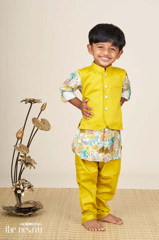 The Nesavu Boys Jacket Sets Boys ethnic jacket set with digital floral print for festive occasions Nesavu 12 (3M) / Green BES865A-12 Nesavu boys ethnic cotton jacket set floral print Nehru jacket  festive ready