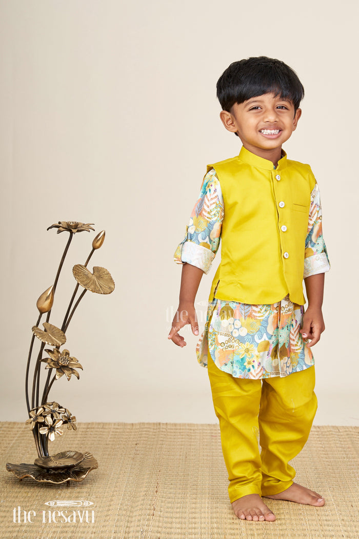 The Nesavu Boys Jacket Sets Boys ethnic jacket set with digital floral print for festive occasions Nesavu Nesavu boys ethnic cotton jacket set floral print Nehru jacket  festive ready