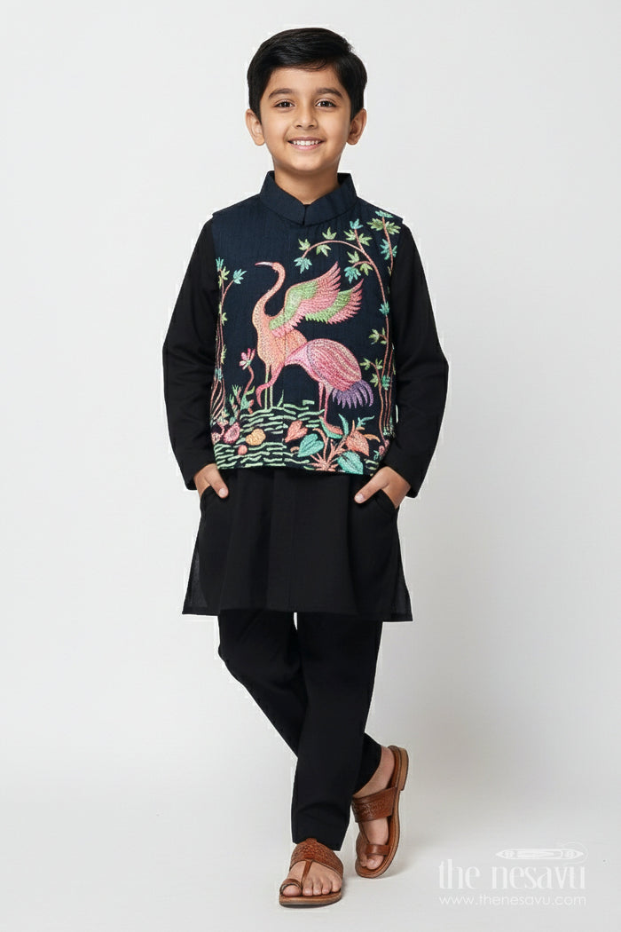 The Nesavu Boys Jacket Sets Boys Ethnic Jacket Set with Embroidered Bird Motif for Weddings and Receptions Nesavu 16 (1Y) / Black BES839B-16 Nesavu boys embroidered jacket set bird motif festive ethnic wear weddings family events