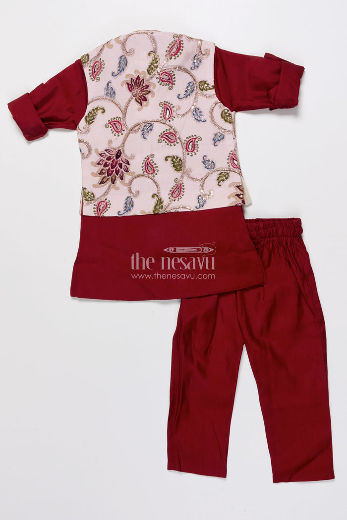 The Nesavu Boys Jacket Sets Boys Ethnic Jacket Set with Printed Silk Layer for Festive Celebrations Nesavu Nesavu boys ethnic jacket set silk printed layer festive events family weddings