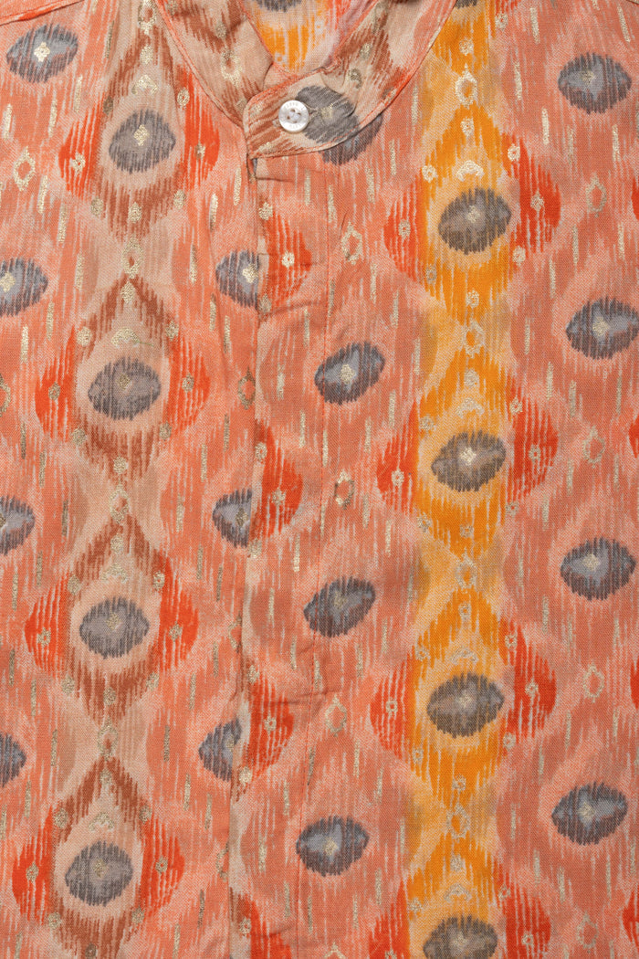 The Nesavu Boys Cotton Shirt Boys Ethnic Orange Ikat Print Rayon Shirt – Colorful Festive Wear Nesavu Boys Ethnic Ikat Print Rayon Shirt | Colorful Festive Wear | The Nesavu